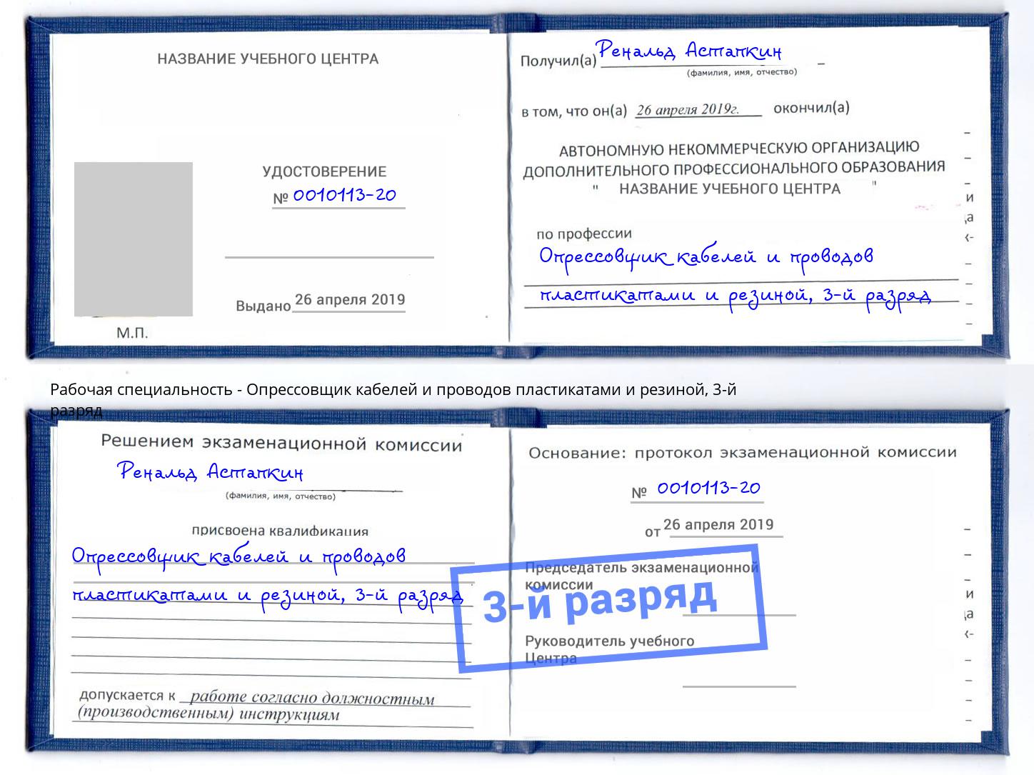 корочка 3-й разряд Опрессовщик кабелей и проводов пластикатами и резиной Луга