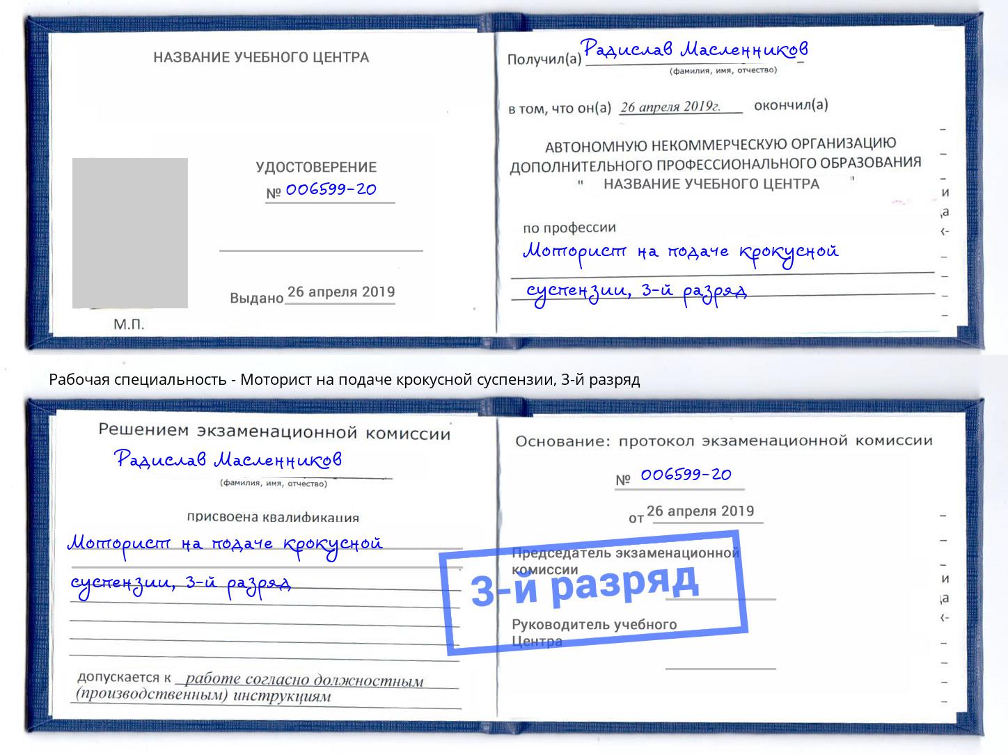 корочка 3-й разряд Моторист на подаче крокусной суспензии Луга