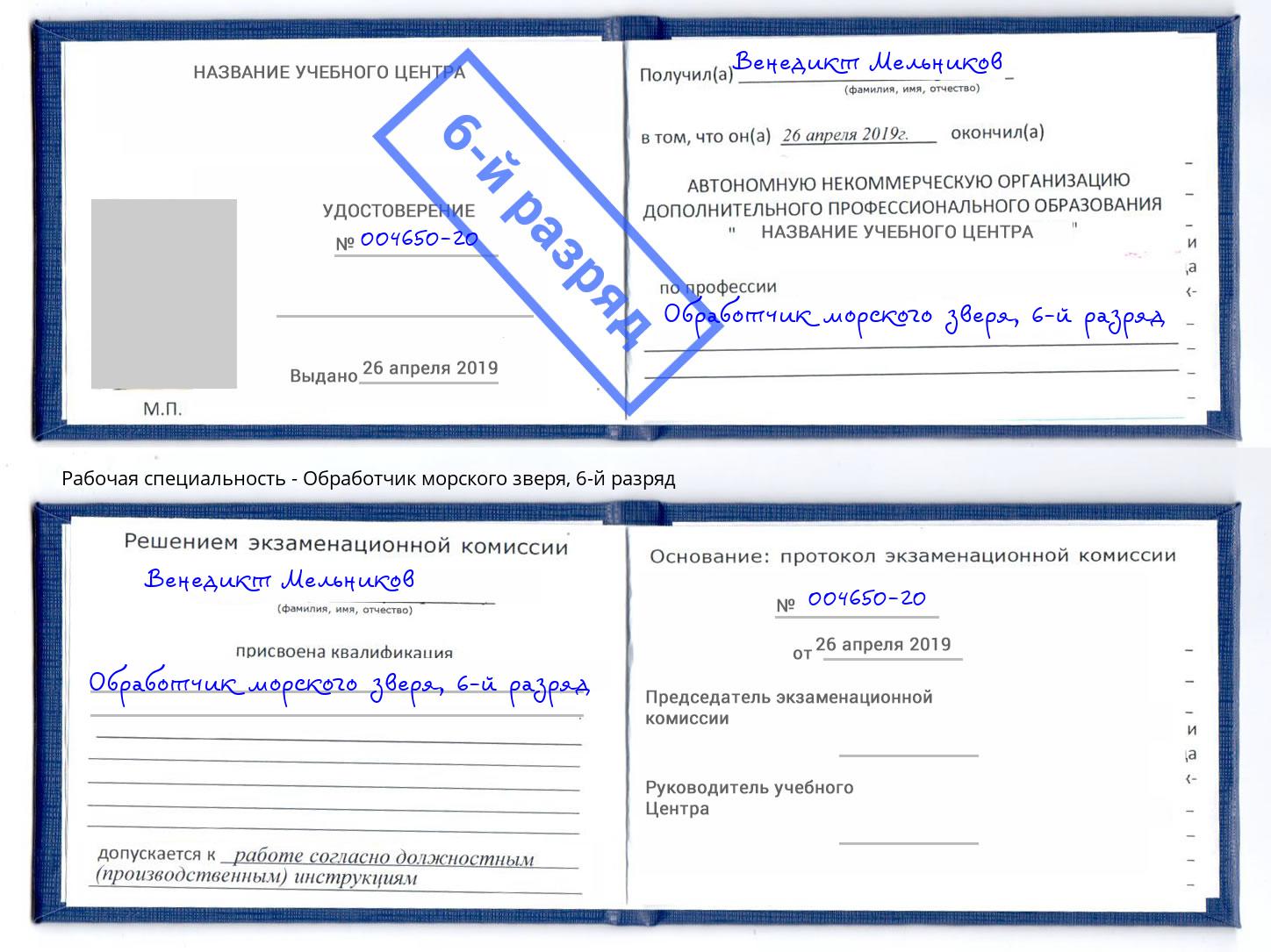 корочка 6-й разряд Обработчик морского зверя Луга