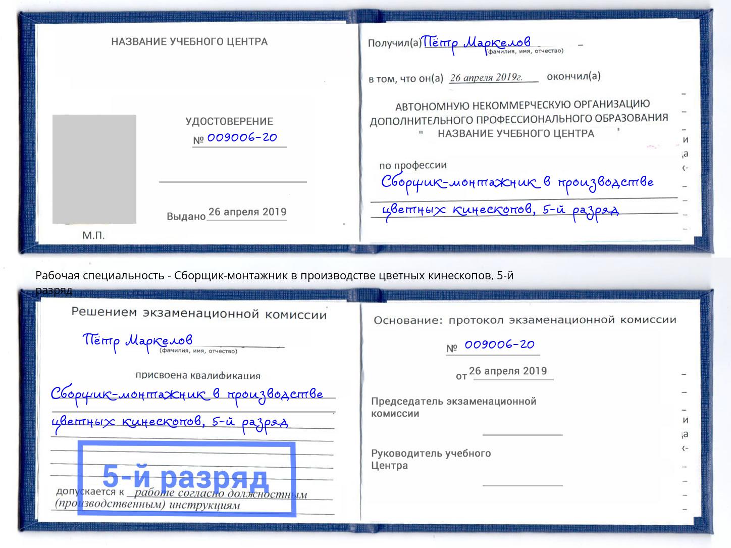 корочка 5-й разряд Сборщик-монтажник в производстве цветных кинескопов Луга