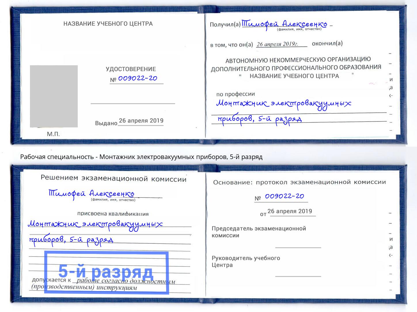 корочка 5-й разряд Монтажник электровакуумных приборов Луга