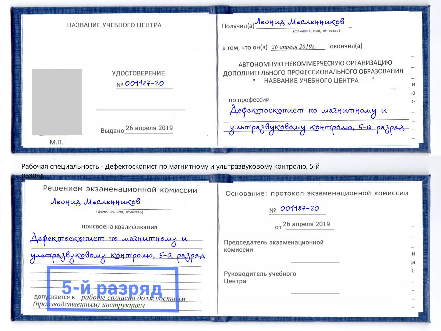 корочка 5-й разряд Дефектоскопист по магнитному и ультразвуковому контролю Луга