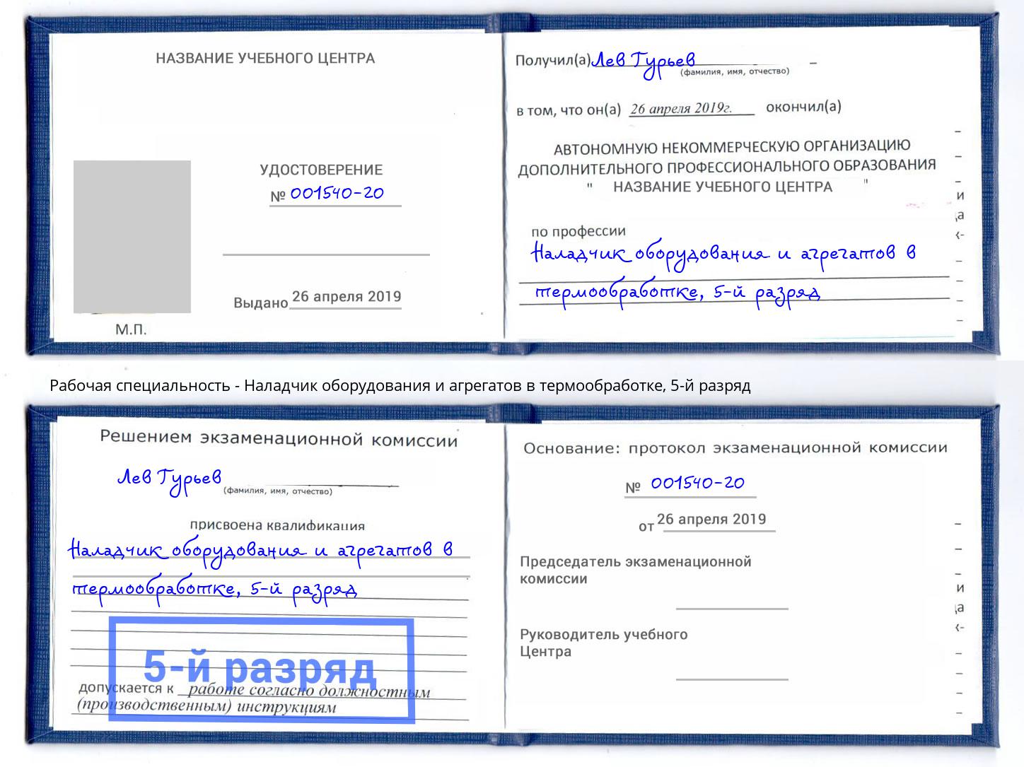 корочка 5-й разряд Наладчик оборудования и агрегатов в термообработке Луга