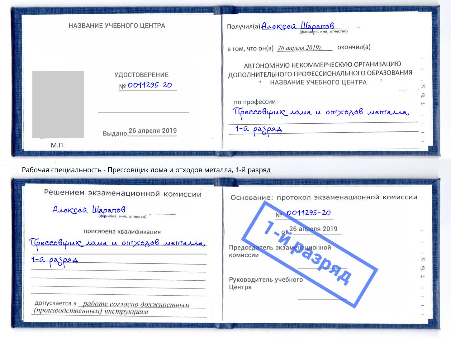 корочка 1-й разряд Прессовщик лома и отходов металла Луга