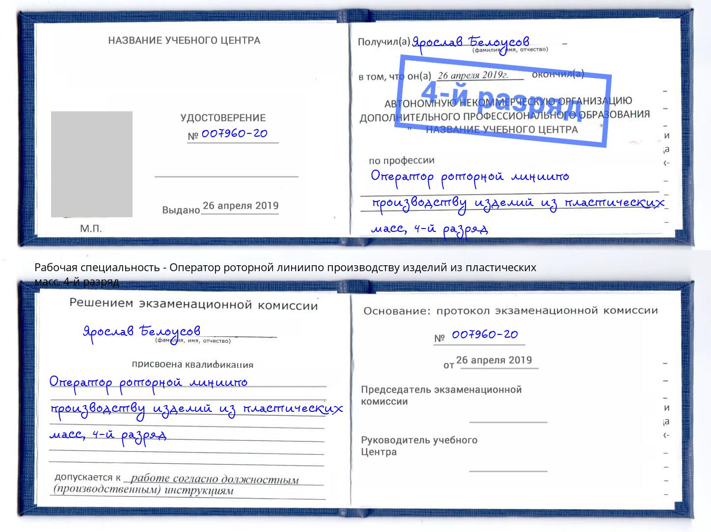 корочка 4-й разряд Оператор роторной линиипо производству изделий из пластических масс Луга