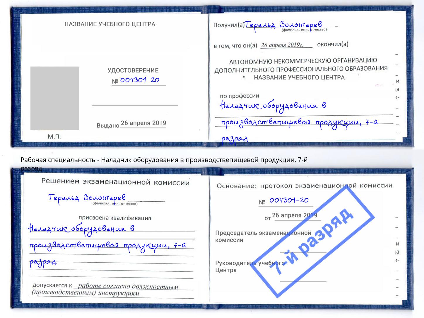 корочка 7-й разряд Наладчик оборудования в производствепищевой продукции Луга