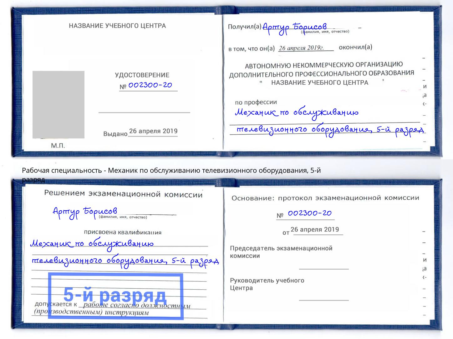 корочка 5-й разряд Механик по обслуживанию телевизионного оборудования Луга